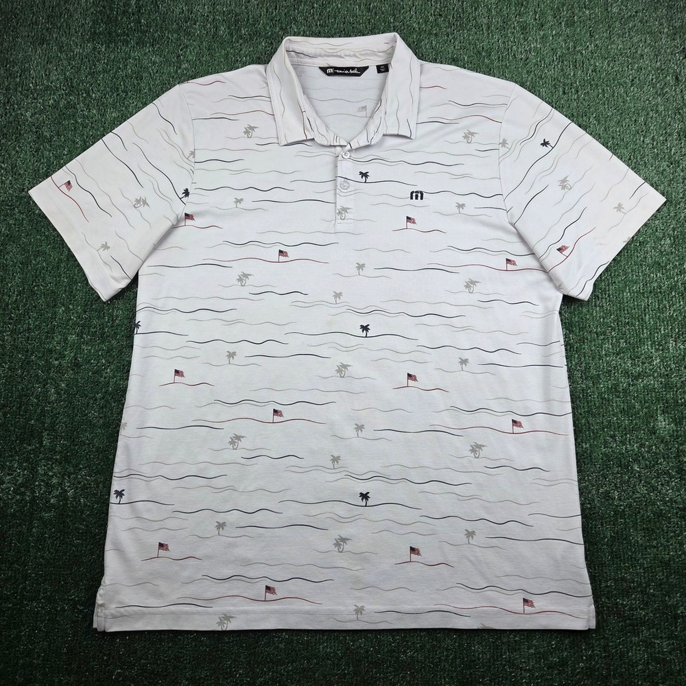 TravisMathew Mens XXL Polo Shirt Gray Palm Tree American Flag Golf Performance - Picture 2 of 6